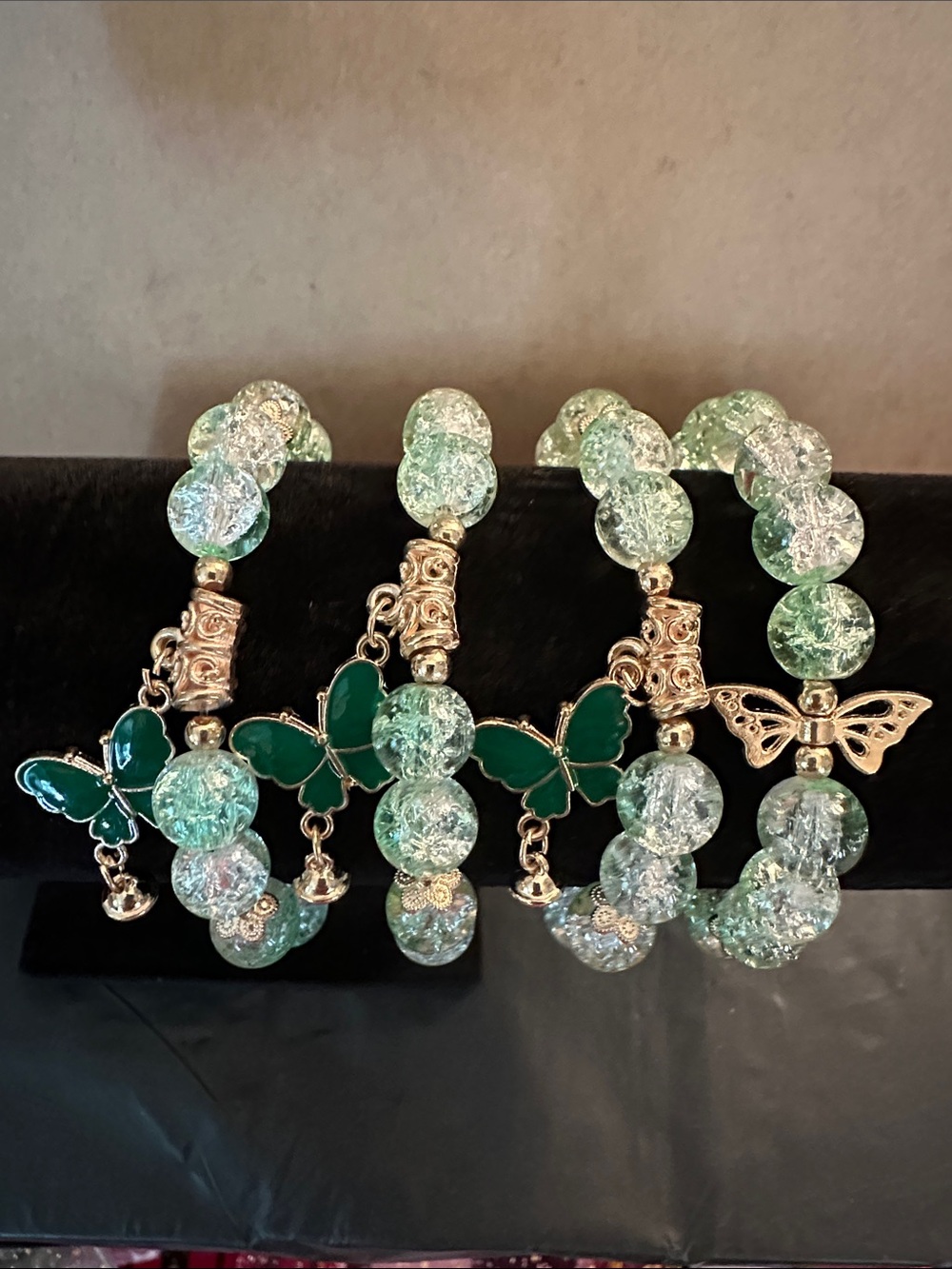 Set of 4 Green Butterfly Charm glass Beaded Bracelet
